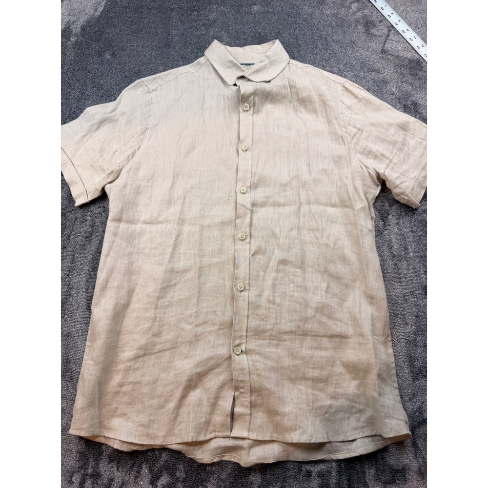 Ike Behar Luxe Travel Mens Small Pure Linen Short Sleeve Button Down Shirt Beige